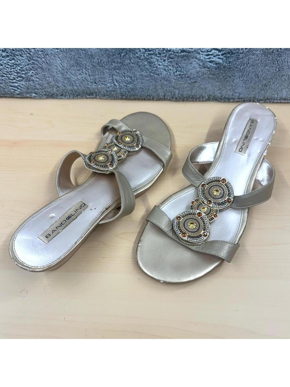 Y2K Bandolino Champagne Gold Beaded Slide Sandals‎